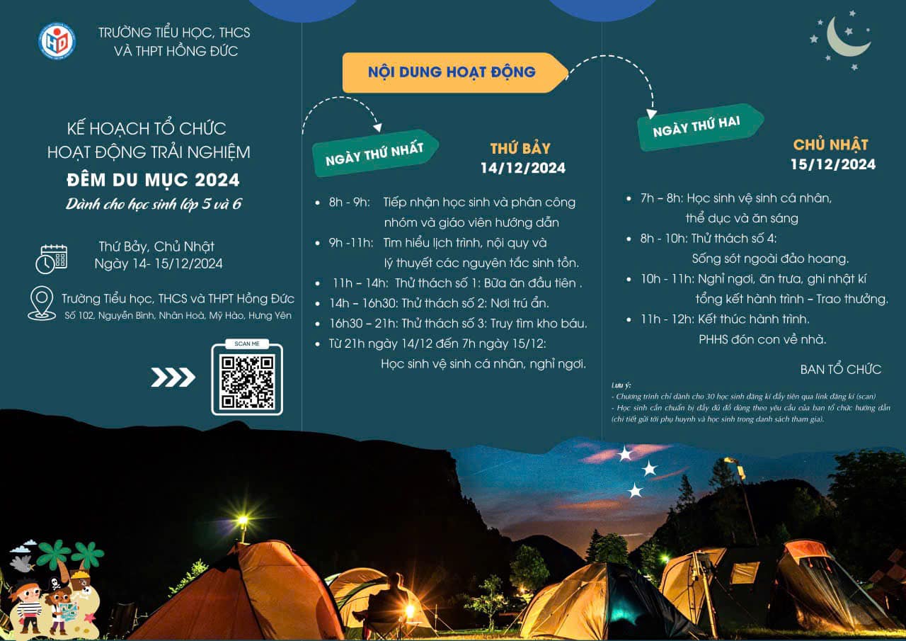 THÔNG BÁO: TRẢI NGHIỆM ĐÊM DU MỤC DÀNH CHO KHỐI 5,6